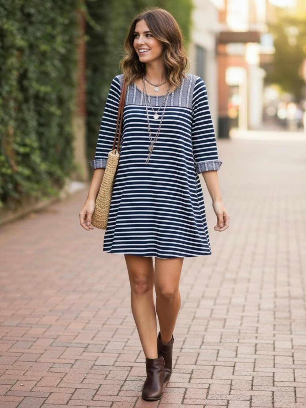 Umgee M Blue White Striped Knit Swing Mini Dress Casual Office Boho Mix Stripe